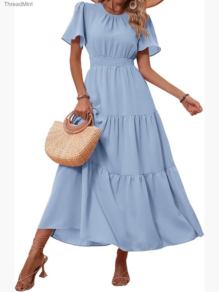 Flutter Sleeve Smocked Waist Tiered Maxi Dress Size S M L Xl